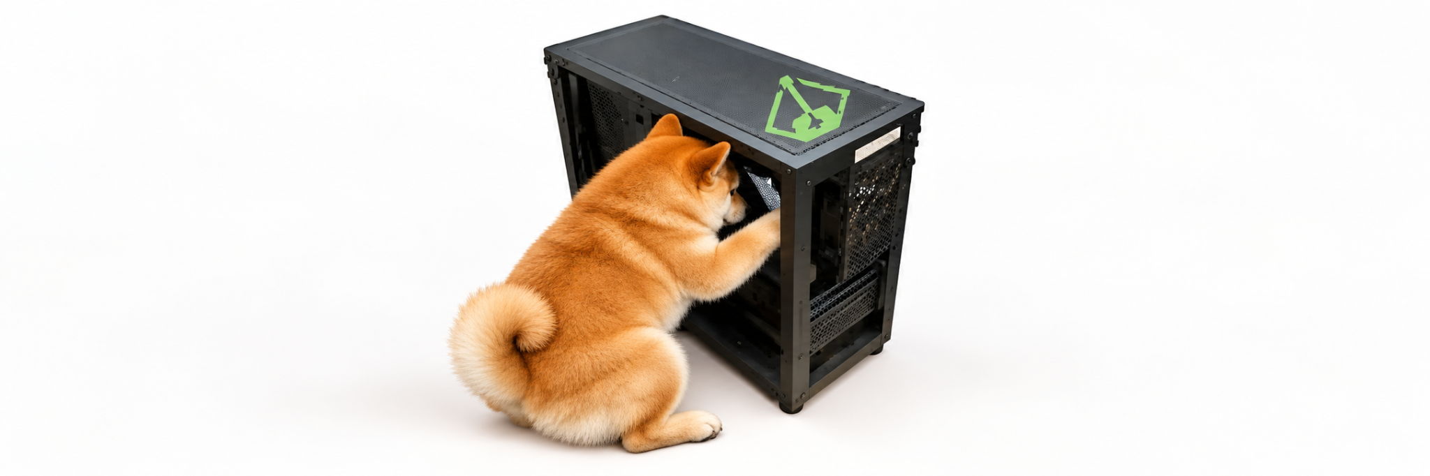 The supplied wide banner showing Shibug working inside a black computer case on white