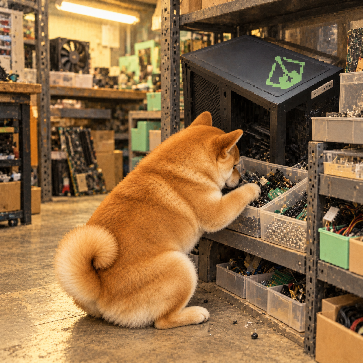 Shibug searching among parts in a closed electronics shop