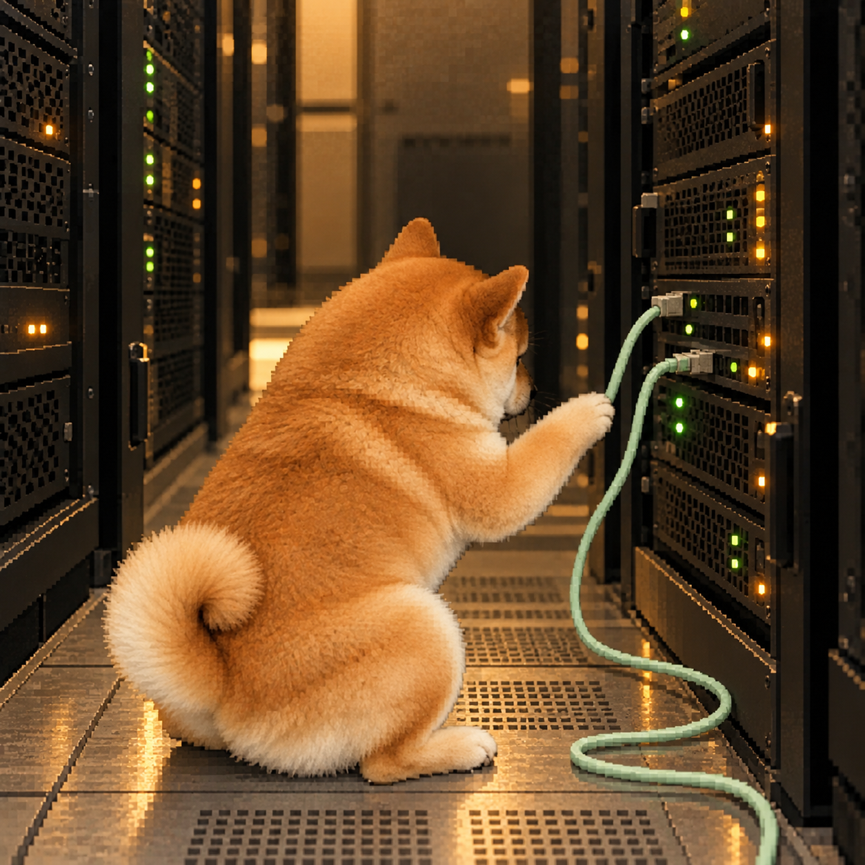 Shibug following a loose cable in an indoor server aisle