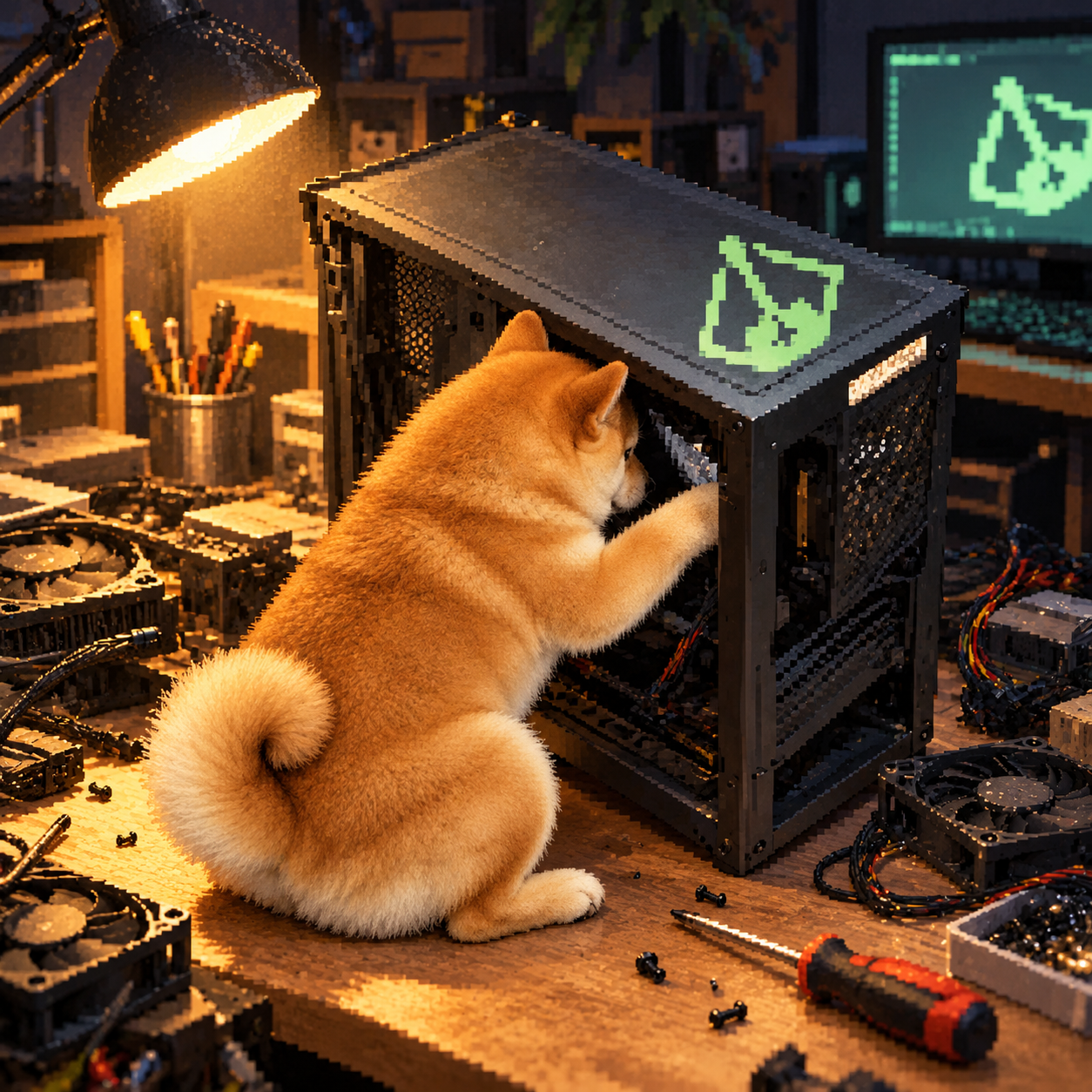 Shibug inspecting a computer case under a workshop lamp